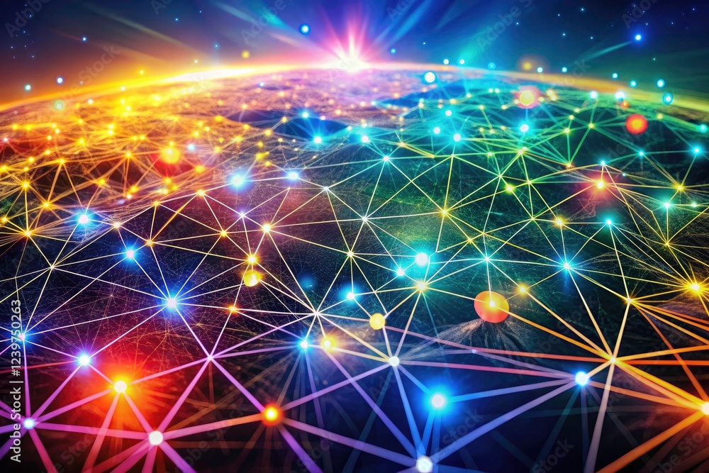 Poster a futuristic network: glowing nodes illuminate a vibrant, abstract web of digital interconnectedness
