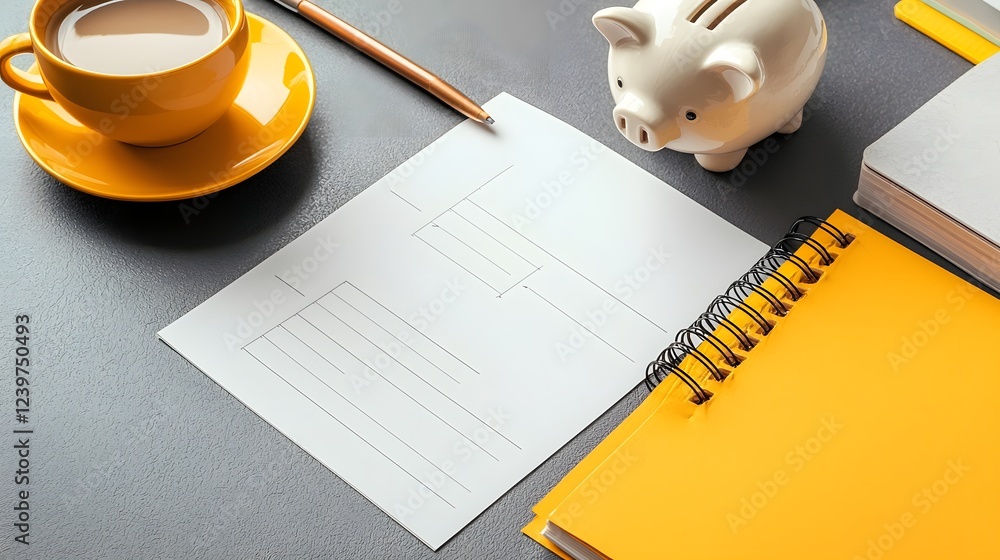 Poster minimalist desk setup for financial planning and savings featuring a piggy bank and a cup of coffee 