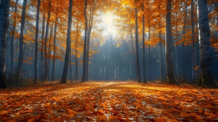 Obraz premium A forest with a path through it and a sun shining through the trees