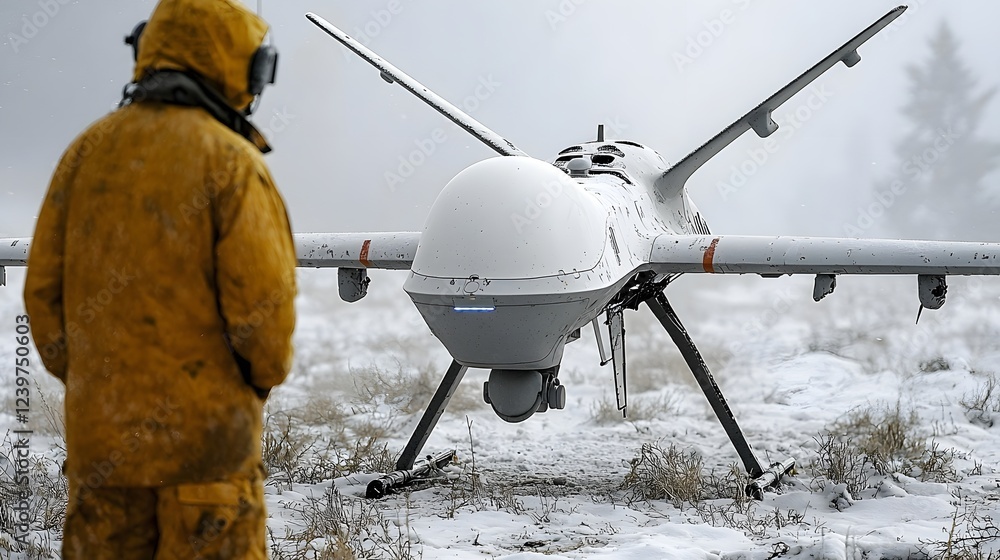 Poster military researchers closely examining and analyzing a captured ai powered drone for potential vulne