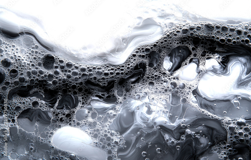 Poster a captivating abstract composition showcasing swirling black and white bubbles, creating a mesmerizi