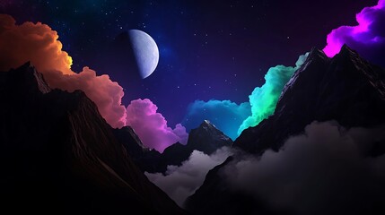 Fototapeta premium Surreal night landscape with colorful clouds and a crescent moon illuminating majestic mountains