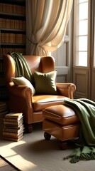 Elegant library corner with a comfortable armchair, bookshelves, and natural light through tall windows, offering a perfect space for peaceful reading and relaxation

