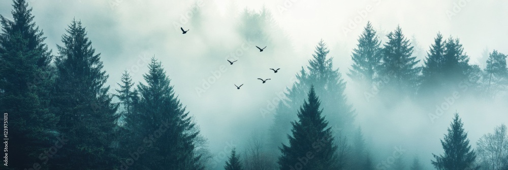 Aufkleber misty forest landscape with birds flying above tall evergreen trees at dawn in a serene and tranquil