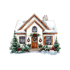 A charming winter home adorned with festive decorations and surrounded by snowy evergreens, perfect for holiday themes.