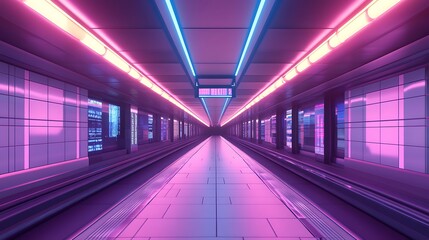 Fototapeta premium Neon-Lit Subway Tunnel with Geometric Tiles