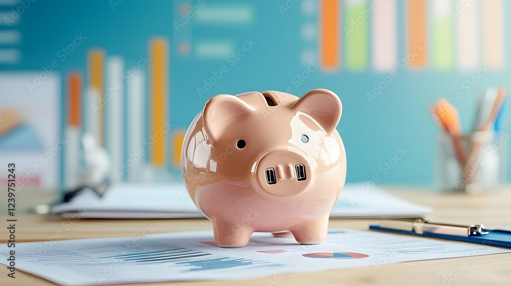Poster Organized and efficient startup financial strategy workspace featuring a piggy bank and various business reports charts and analytics displayed on a desk  Concept of financial planning budgeting