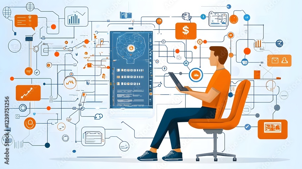 Poster of an AI powered KYC Know Your Customer compliance system with a dashboard featuring smart data processing icons and analytics for efficient financial regulation and risk management