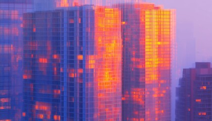 Cityscape at Dusk: Illuminated Skyscrapers Reflecting Sunset Hues.