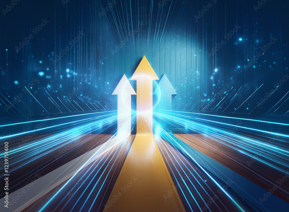 Poster abstract double exposure image depicting three luminous arrows pointing upward on a glowing highway,