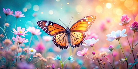 Double exposure photography: a whimsical butterfly dances within a vibrant flower.