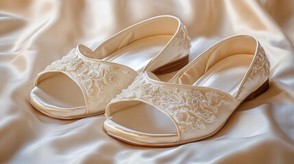 Elegant Ivory Bridal Flats with Delicate Lace Detail, Resting on Luxurious Satin Fabric