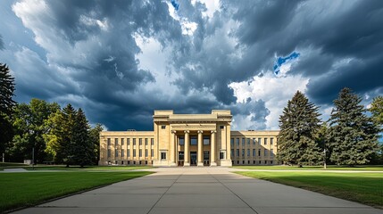 Obraz premium Dramatic Courthouse Exterior with Towering Stone Columns and Grand Entrance Under Dark Clouds, Emphasizing Solemnity and Importance