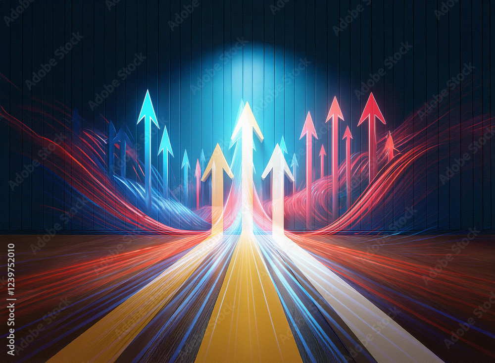 Poster a double exposure image depicts multiple luminous arrows ascending a dynamic, multicolored road. the
