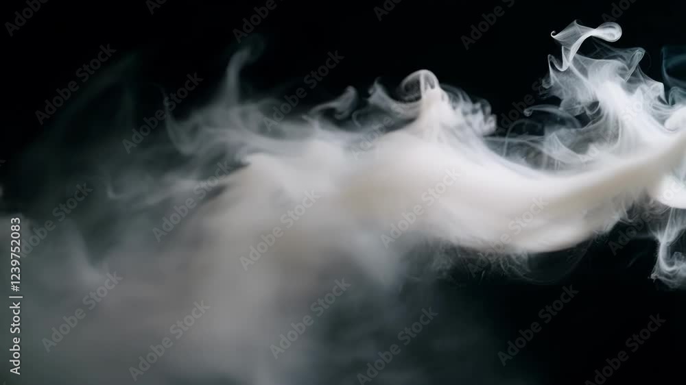 Poster white smoke is floating and swirling smoothly on a black background, creating a beautiful and ethere