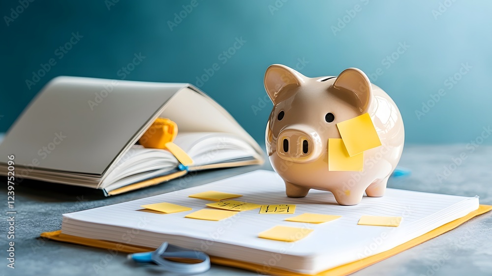 Aufkleber piggy bank and financial goal planning with sticky notes on open notebook concept of budgeting savin