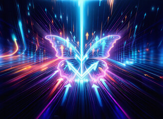 Obraz premium A mesmerizing double exposure image depicts a neon butterfly with arrow wings, soaring through a vibrant, dynamic energy field of streaks and glowing arrows.