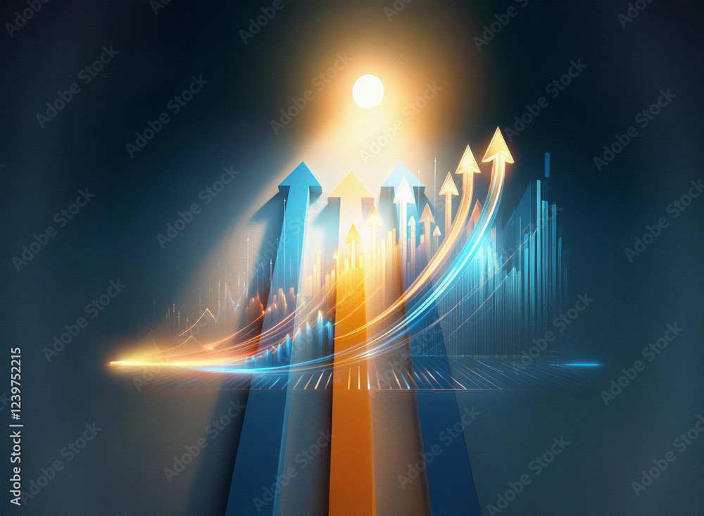 Poster a double exposure image depicts vibrant arrows ascending towards a radiant light source, symbolizing
