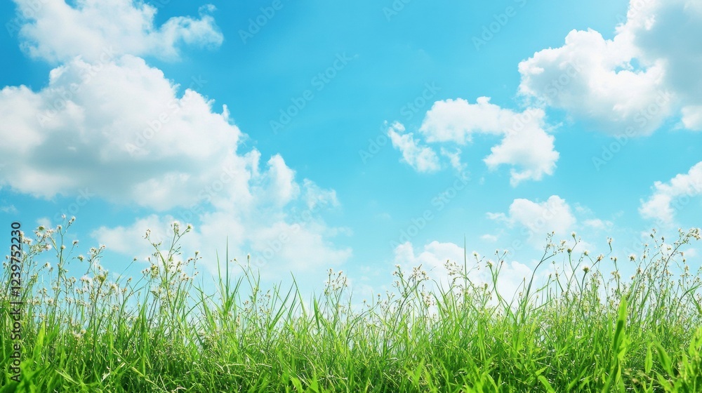 Poster bright sunny day with green grass and fluffy clouds in a clear blue sky. generative ai