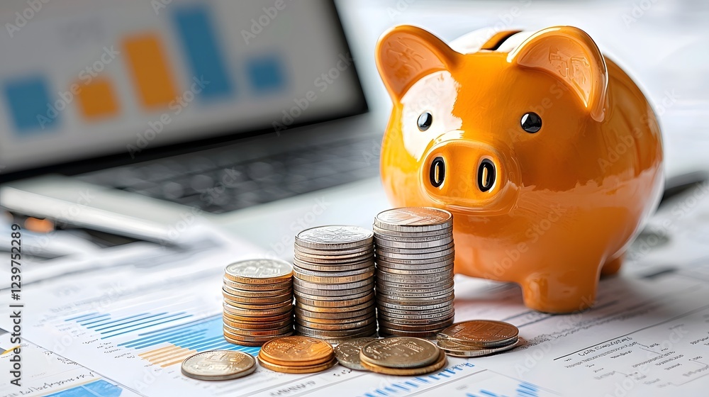 Poster piggy bank and stacked coins in the foreground alongside a laptop displaying financial data charts a
