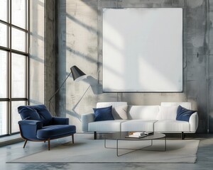 Modern living room with a white couch. blue armchair. and large blank canvas