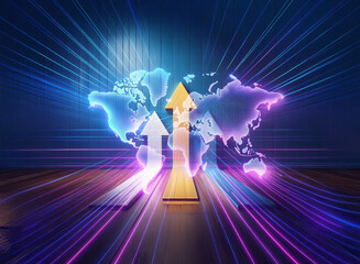 A double exposure image depicts a glowing world map with upward-pointing arrows, symbolizing global growth and progress.  Neon light streaks radiate outwards, creating a dynamic and futuristic feel.