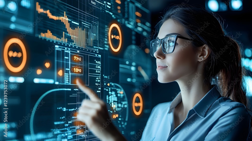 Aufkleber professional businesswoman in glasses reviewing digital analytics social media metrics and engagemen