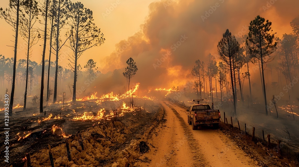 Poster raging wildfire engulfing a remote forest path in dramatic apocalyptic scenery of burning trees and 
