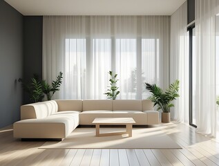 Stylish and serene living room with modern furniture in soft tones, large windows, and plants, offering a tranquil and spacious setting for relaxation and comfort.

