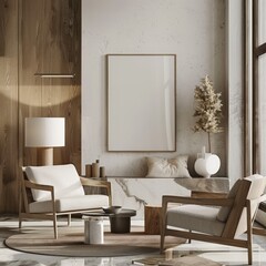 Modern living room interior with two white armchairs. a coffee table. and a large framed poster