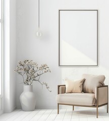 Minimalist living room with a beige armchair. a vase with dried flowers. and a blank frame on the wall