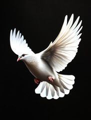 A stunning depiction of a white dove in mid-flight, showcasing its elegant wings and serene beauty against a dark background.