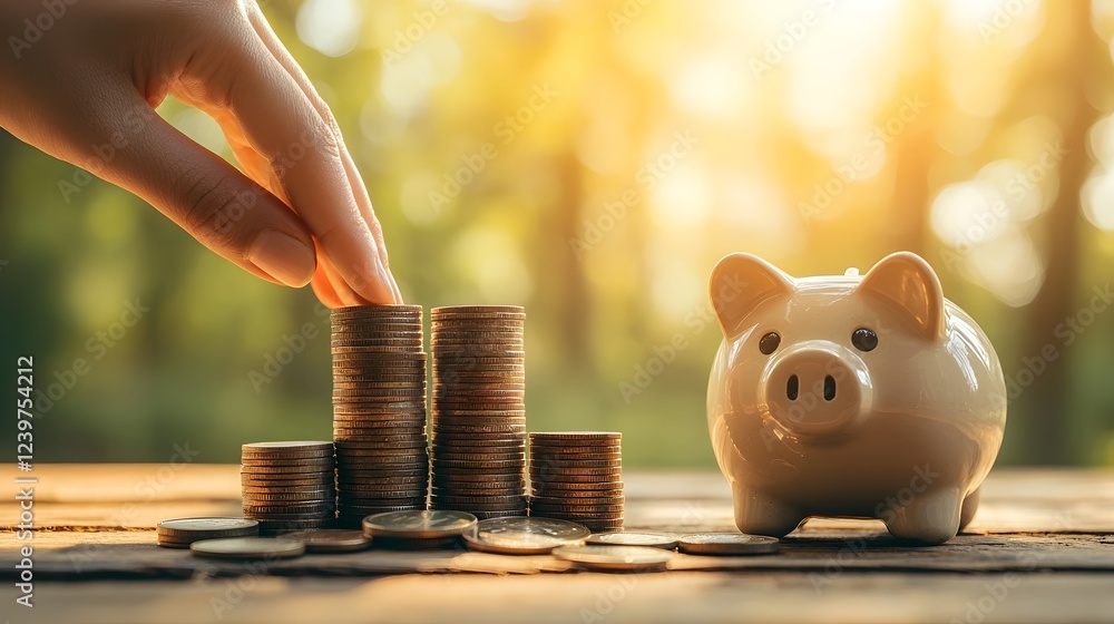 Poster Saving for the Future The Piggy Bank and Stacked Coins   A symbol of financial responsibility and growing wealth as a hand reaches to add more coins to the piggy bank and build up savings
