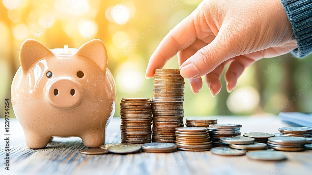 Poster saving money for future prosperity with piggy bank and stacked coins financial planning and investme