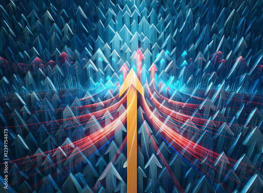 Poster a mesmerizing double exposure image showcases a field of upward-pointing arrows, with a prominent go