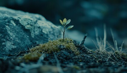 Obraz premium A Tiny Sapling Grows Amongst Mossy Rocks