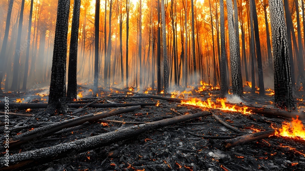 Poster smoldering aftermath of a devastating wildfire in the charred forest the forest floor is covered in 