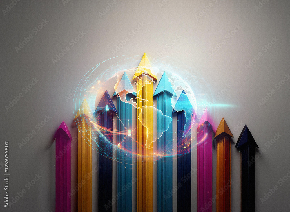 Poster a double exposure image shows a glowing globe encircled by colorful arrows pointing upwards, suggest