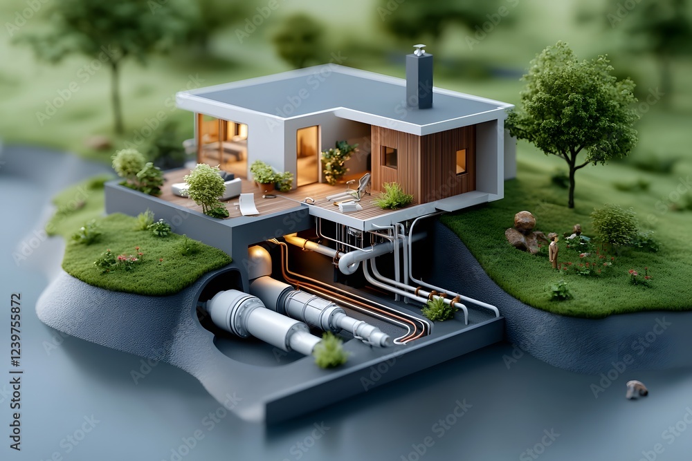Poster cutaway rendering of a peaceful suburban residence highlighting the intricate subterranean piping an