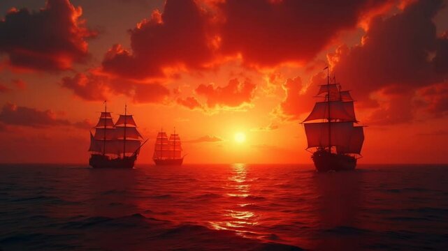 Three majestic caravels sail into a crimson sunset, symbolizing the Age of Exploration. Their towering sails catch the golden light as they journey toward the unknown.