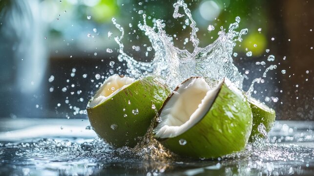 Fresh green coconuts with splashing water in motion