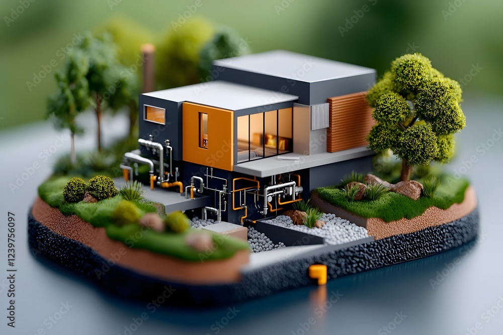 Poster cutaway rendering of a peaceful suburban residence highlighting the intricate subterranean piping an