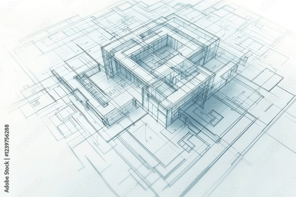Poster architectural design blueprint: 3d wireframe model of a modern building structure.