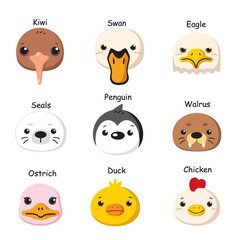 Kawaii animal head icon collection. Cute and friendly vector mascot illustrations