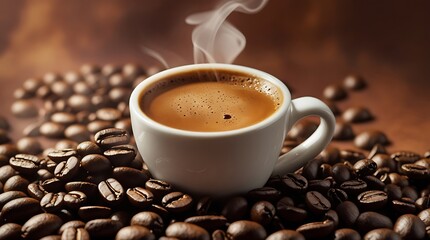 Fototapeta premium Steaming cup of coffee surrounded by coffee beans, with rich and aromatic flavors, perfect for an energizing start to the day and ideal for coffee enthusiasts.