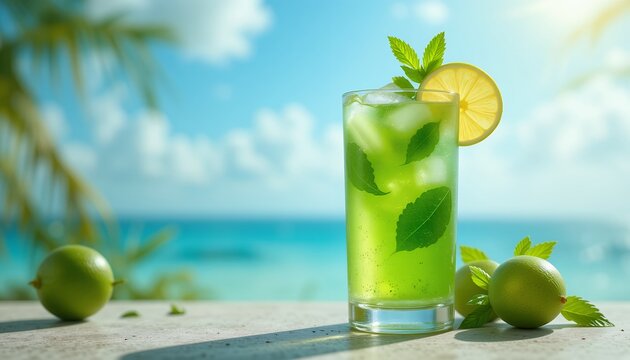 Refreshing green drink with citrus and mint by the calming ocean backdrop