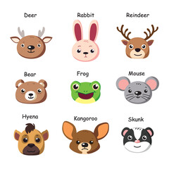 Cute and simple animal head icon pack. Fun vector set for digital designs