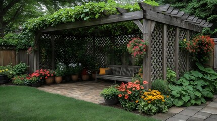 Fototapeta premium A patio with a wooden pergola and a bench