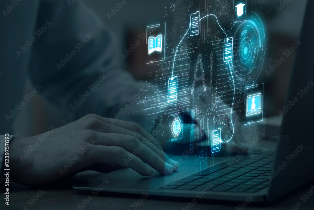 Poster artificial intelligence. man using laptop at table, closeup. scheme with ai and other icons over com