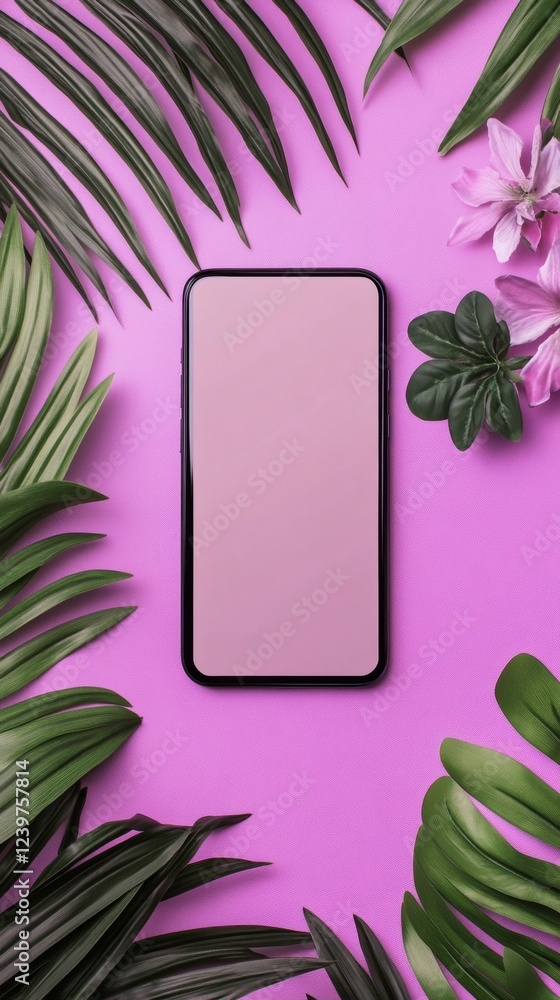 Poster digital device surrounded by tropical leaves and flowers placed on a vibrant pink background creatin